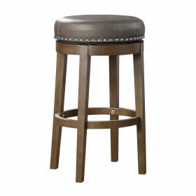 Round Swivel Bar Stools Set of 2, Gray Faux Leather 360-degree Swivel Seat Nailhead Trim Solid Wood Frame Brown Finish Furniture