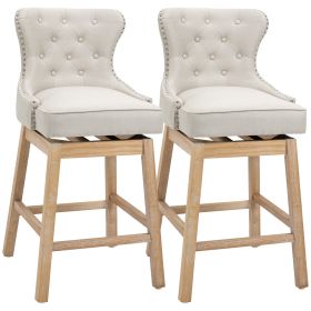 Upholstered Fabric Bar Height Bar Stools, 180Â° Swivel Nailhead-Trim Pub Chairs, 30" Seat Height with Rubber Wood Legs, Set of 2, Cream