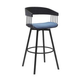 Vera 31 Inch Swivel Barstool Chair, Curved Back, Black, Light Blue Fabric